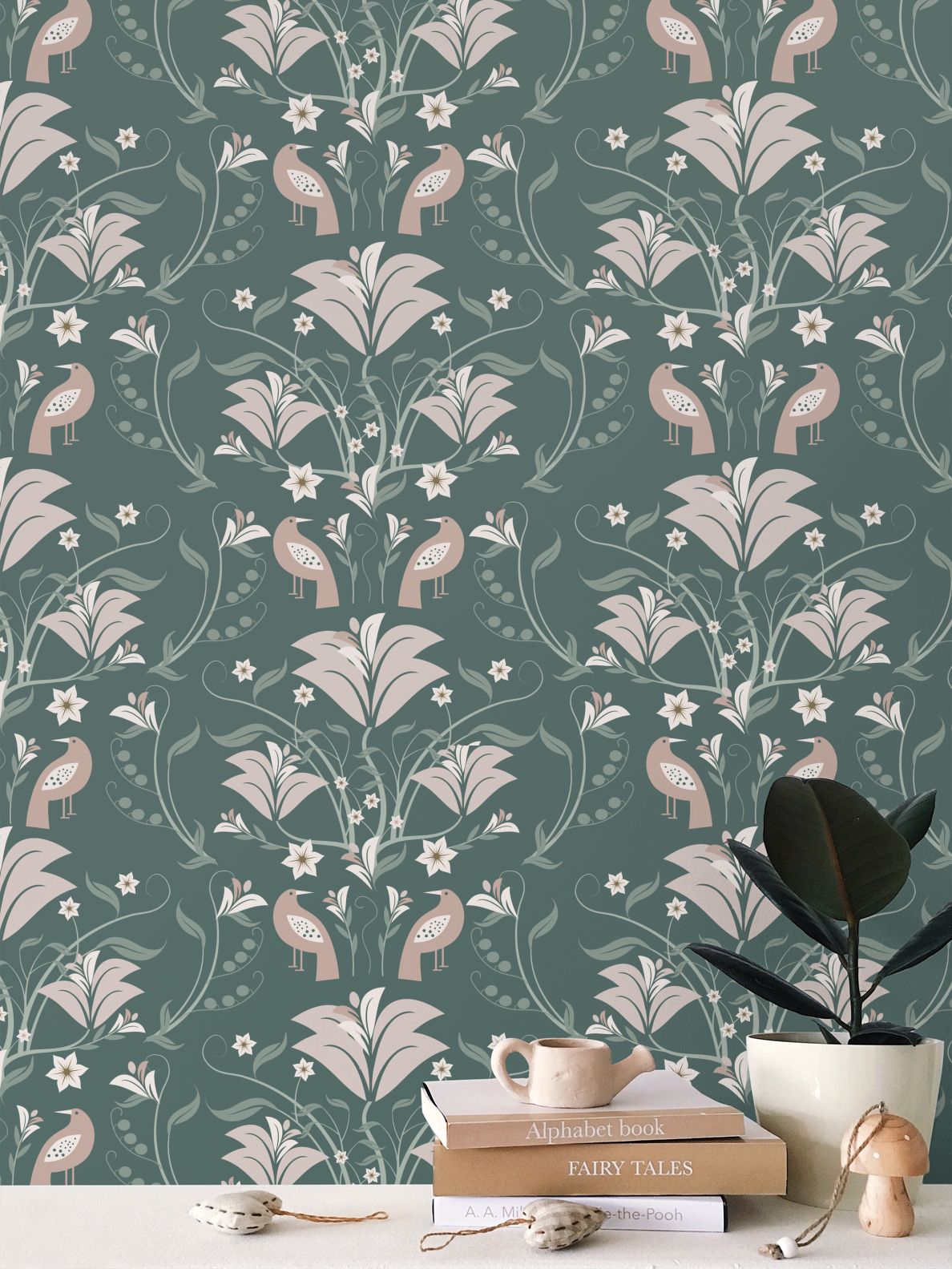 Blooms and Birds Green Wallpaper