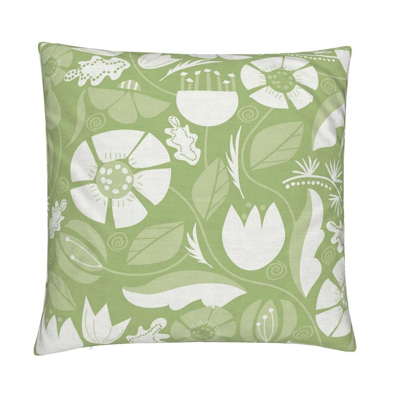 Wildflower Frenzy Green Cotton Linen Pillow Cover