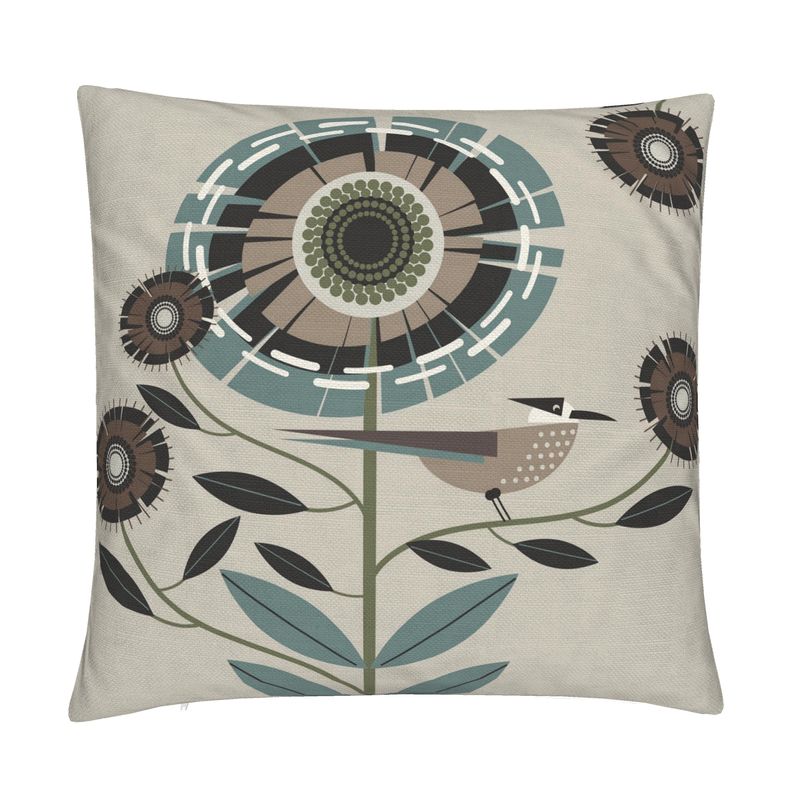 Curious Bird Beige Cotton Linen Pillow Cover