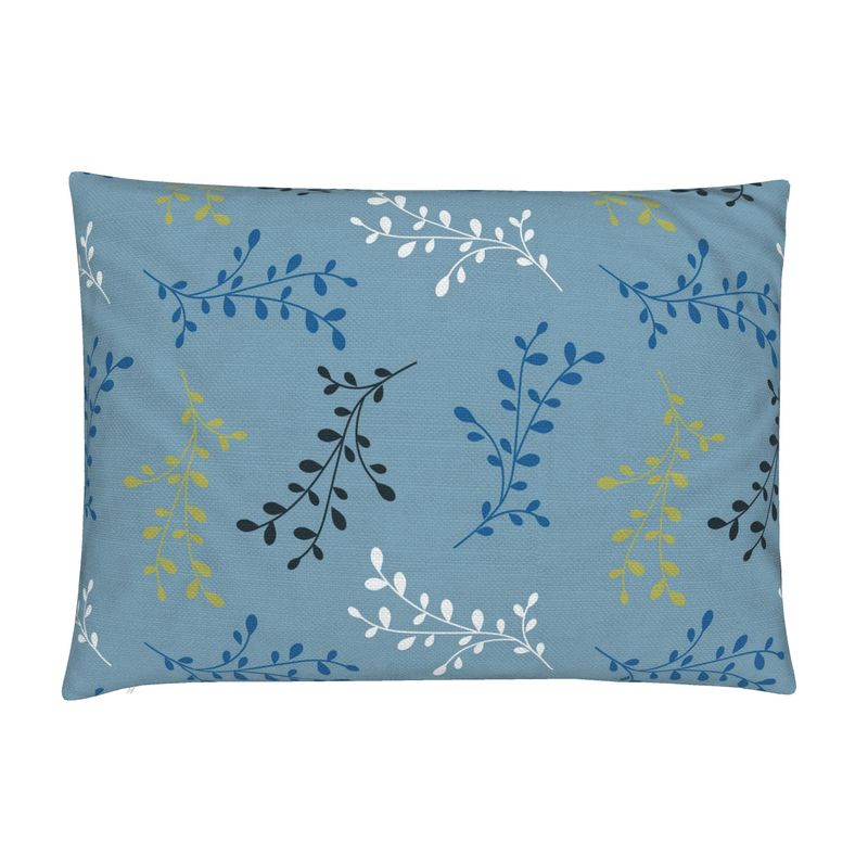 Leafy Blue Cotton Linen Lumbar Pillow Cover