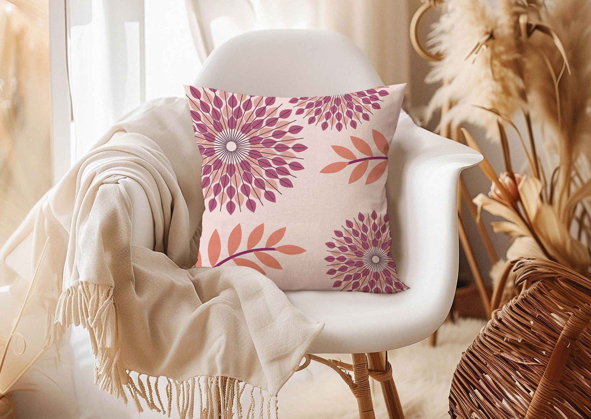 Radiating Petals Peach Cotton Linen Pillow Cover