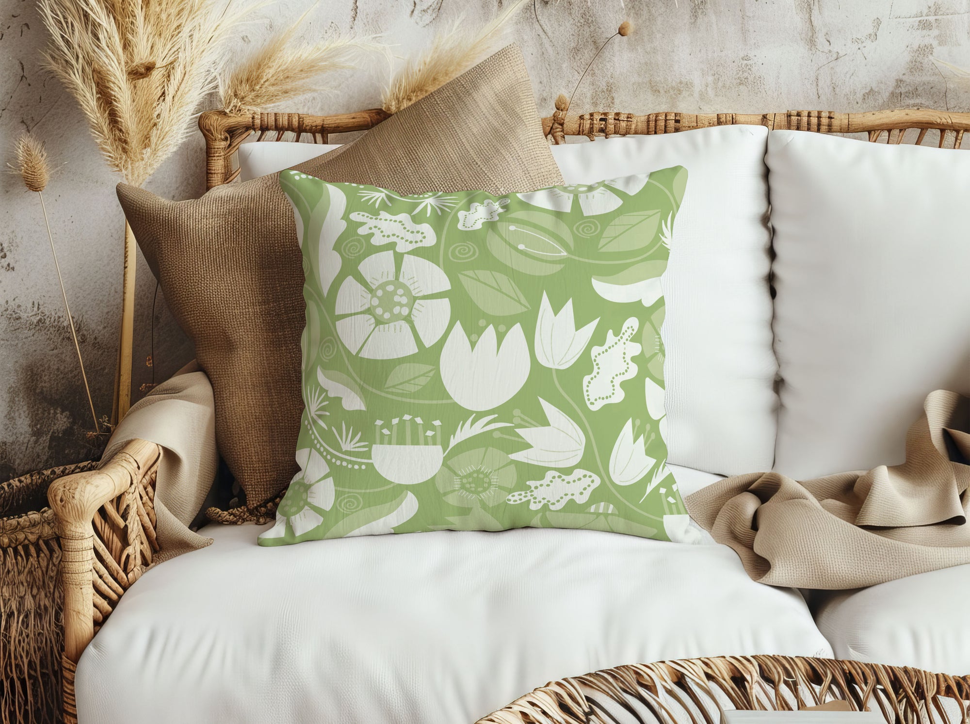 Wildflower Frenzy Green Cotton Linen Pillow Cover